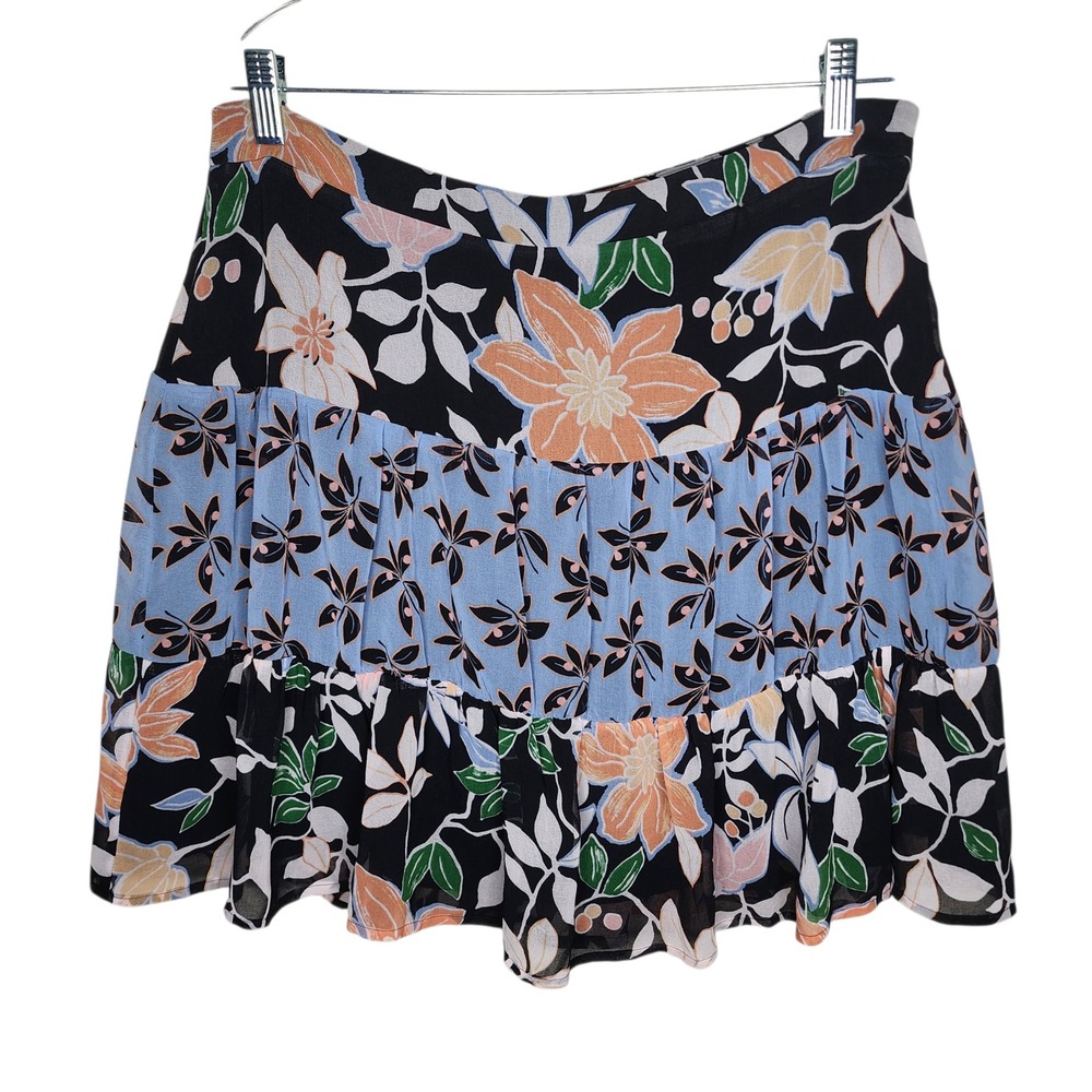 LOFT Women Black Floral Tiered Mini Skirt Size 12 NWT Blue‎ Peach